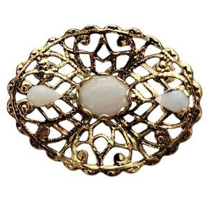Gold Tone Filigree Small Opal Brooch Oval Pin C851